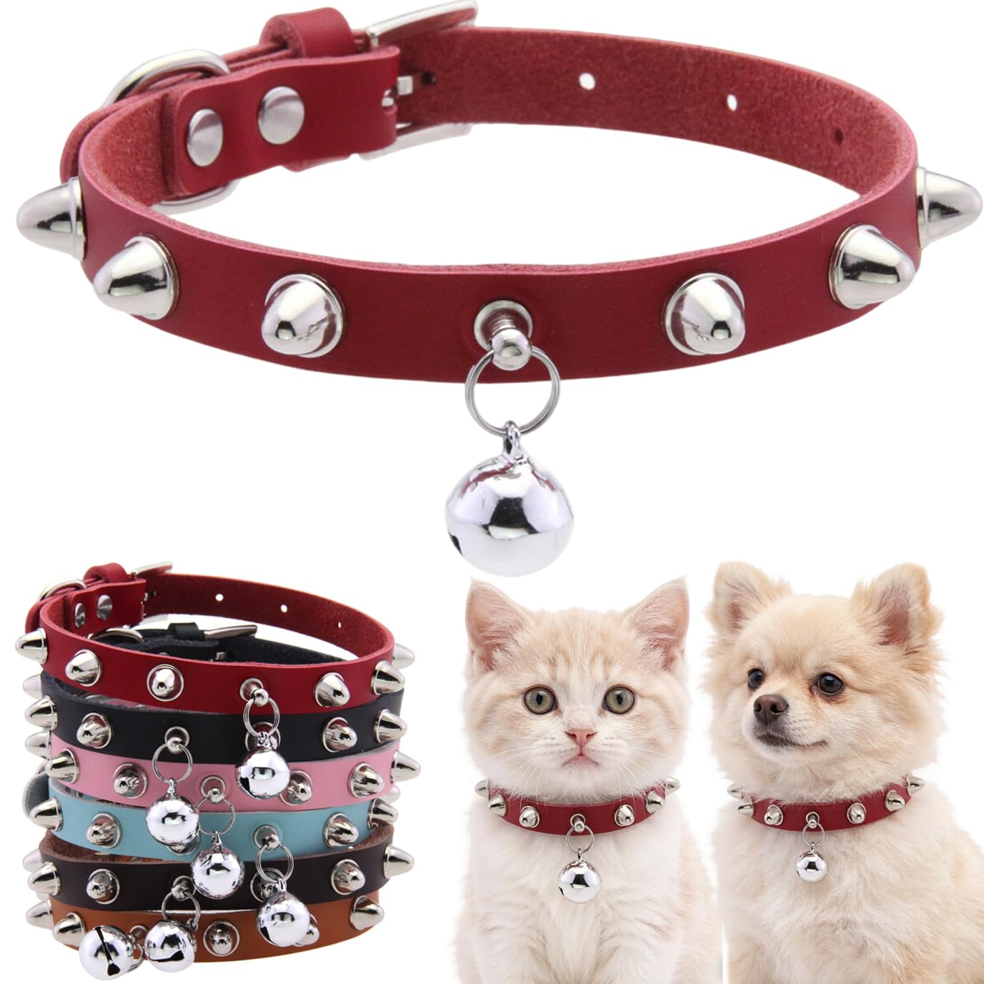 Red S Spiked Dog Collar with Bell Small Rivet Spike Studded Puppy Girl Female Boy Little Cat Kitten Adjustable Collars Pu Leather for xsmall small breed male Spiky Stud Mushrooms Collar