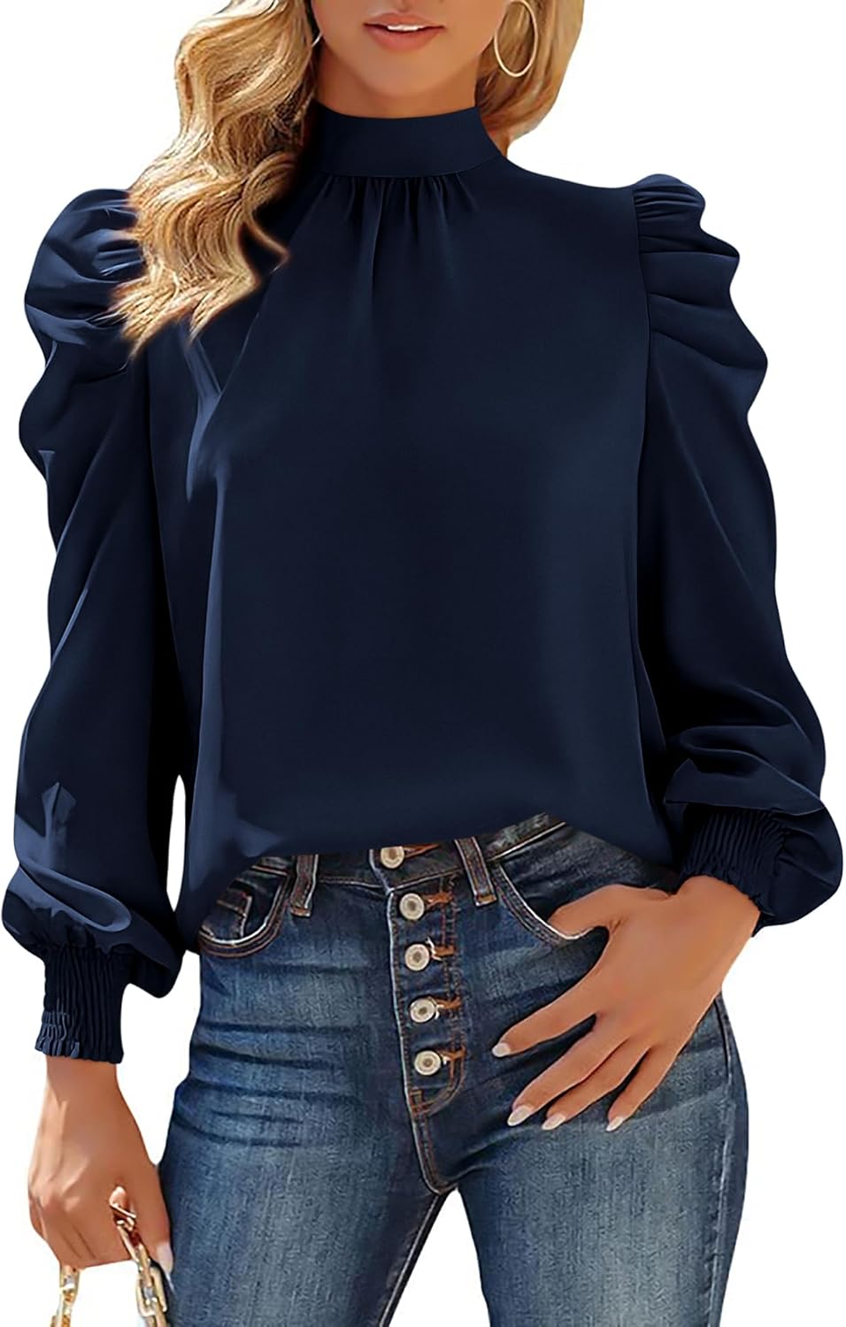 Puff Sleeve Navy Blue Dressy Top BTFBM Women Satin Puff Long