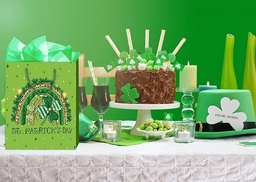 Miniatura 5 de WaaHome Bolsa de regalo del día de San Patricio con asa, bolsas de regalo de trébol verde grande con papel de seda, bolsa de regalo de papel de