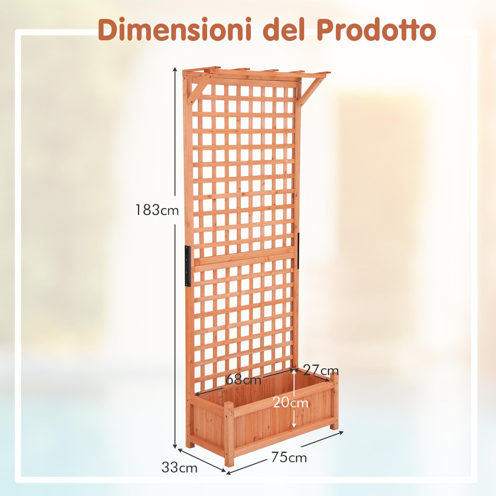 COSTWAY Fioriera da Esterno con Grigliato e Tettuccio, Letto Rialzato in Legno con Fori di Scarico, Aiuola Rialzata con Spalliera per Piante Rampicanti Viti e Fiori, 75 x 33 x 182,5 CM