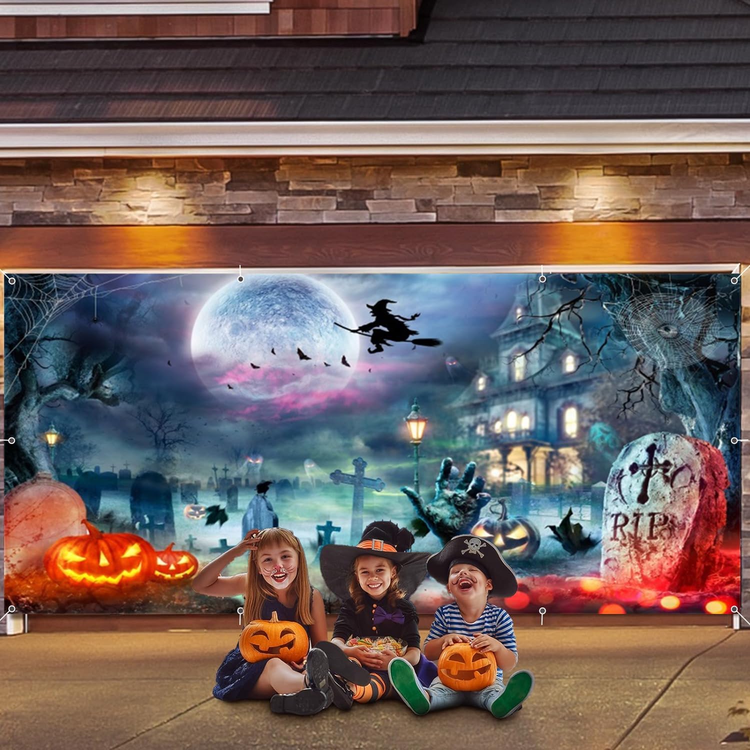 ChloropLastid Halloween Garage Door Cover 7x16ft Large Halloween Garage Door Decorations Creepy Misty Forest Gloomy Cemetery Pumpkin Lantern Photography Backdrop for Outdoor Indoor Wall Decor