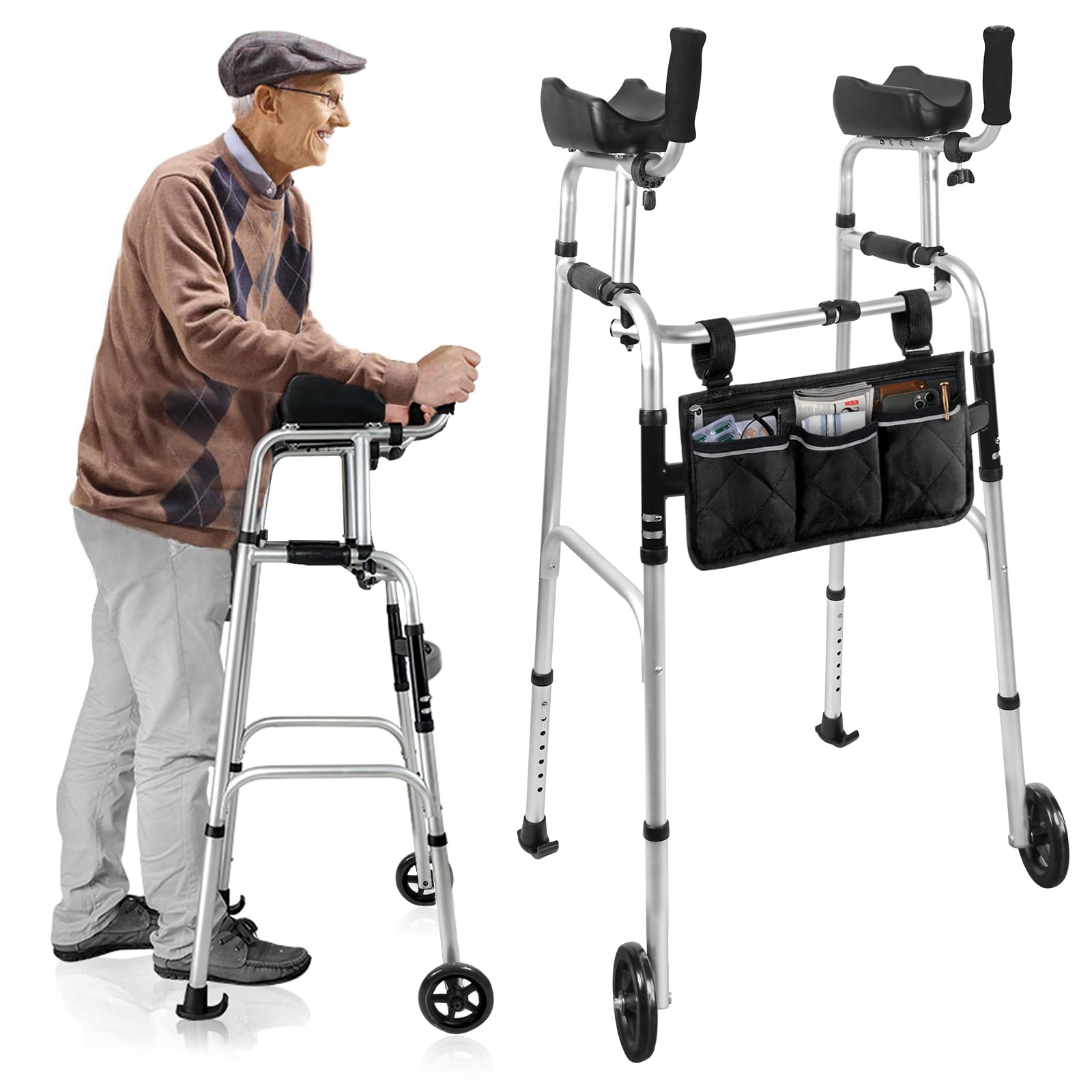 Marco plegable para caminar con ruedas y almohadilla extraíble para el brazo. Ayuda a caminar de aluminio ajustable para los ancianos (rueda con rodamientos)