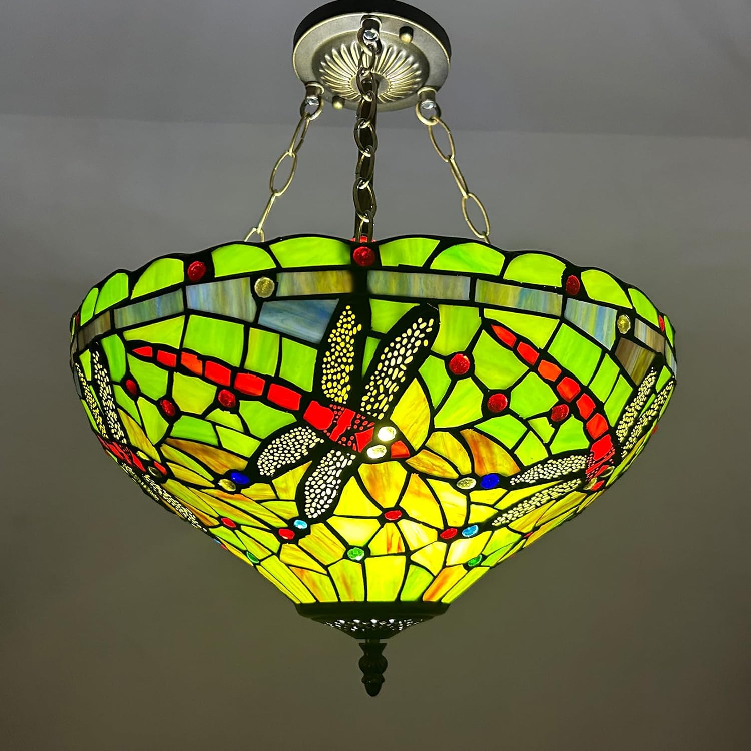 Tiffany Lamp Shade Replacement Only 16 Inch Green Red Stained Glass Dragonfly Lampshades Vintage Decorative Light Cover for Table Lamp Floor Lamp Pendant Light Ceiling Fixture