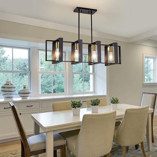 Miniatura 7 de Iluminación de isla de cocina de granja, candelabros negros para comedor, luces de isla de madera, lámparas rectangulares industriales para colgar