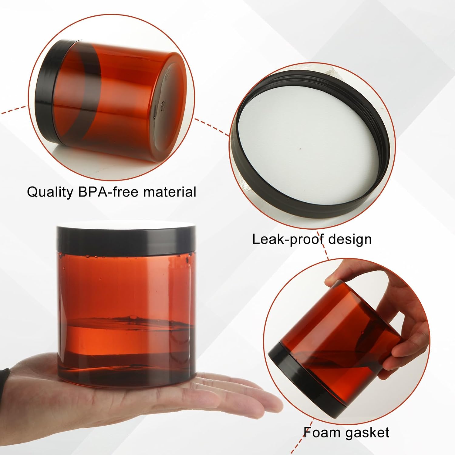 Acrux7 12 Pack 16 oz Amber Plastic Jars, Leak Proof Amber Plastic Containers with Lids, 500 ml Round Cosmetic Containers for Cream, Lotion, Powder, Scrubs, Bath Salt, Beauty Products
