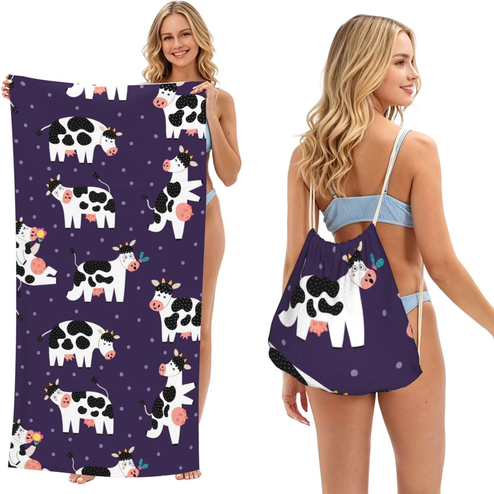 Poadnly As Picture Funny Cows Funny Farm, 2 In 1 Packable Towel Bag, Beach Towels With Drawstring Backpack For Travel Holiday Camping