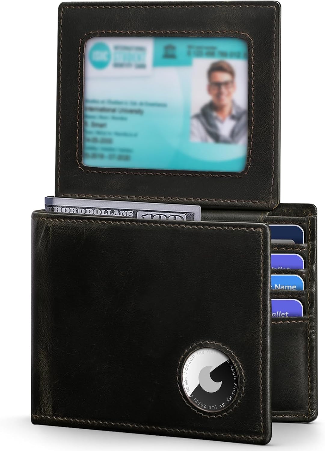 VMAN Mens Wallet with Airtag Holder | Full Grain Leather | Bifold | Wallet for Apple Air Tag | RFID Blocking | Black | 2 ID Windows | 10 Card Slots | 2 Cash Pocket | Large Capacity | Gift for Men