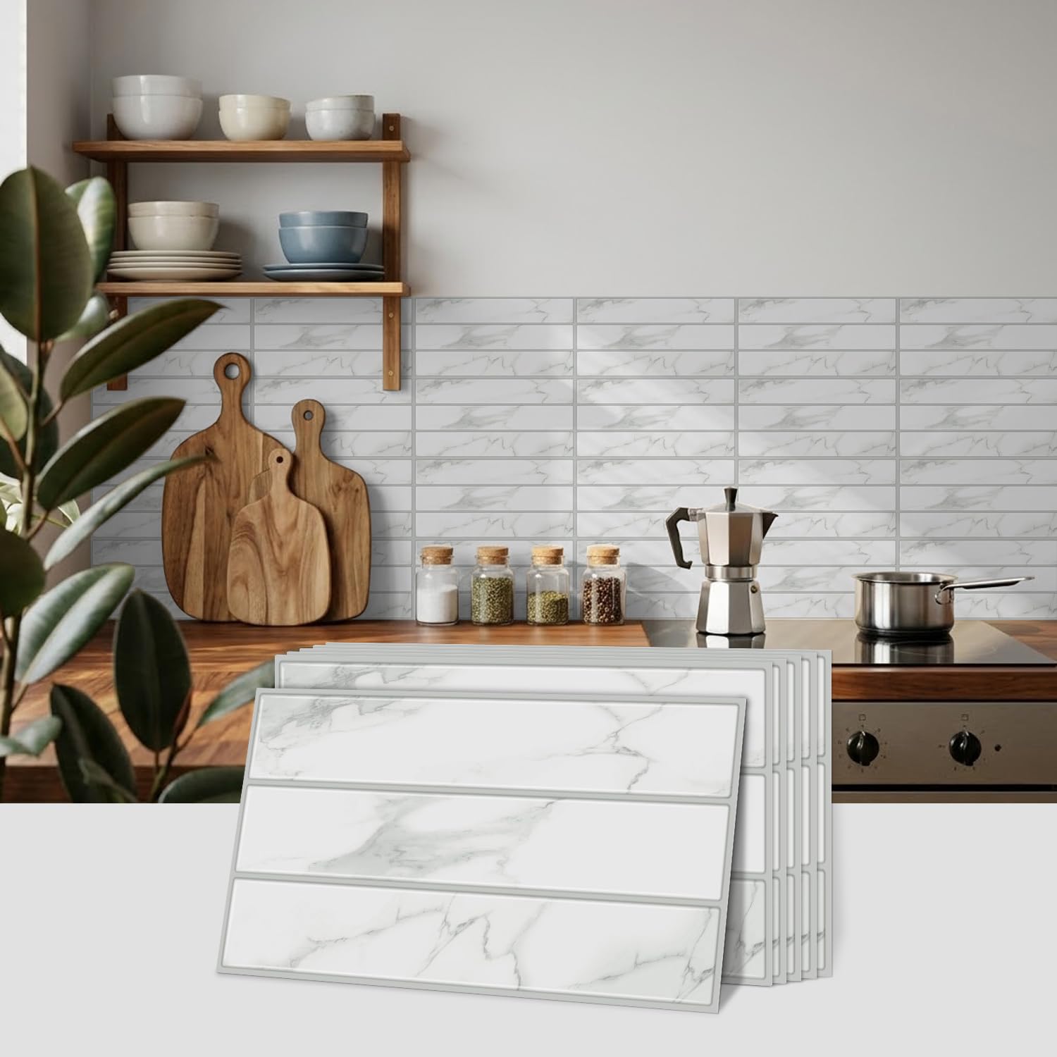 Ntrniva White Marble Effect Tile Stickers, 30 x 15 cm, 10 Pack