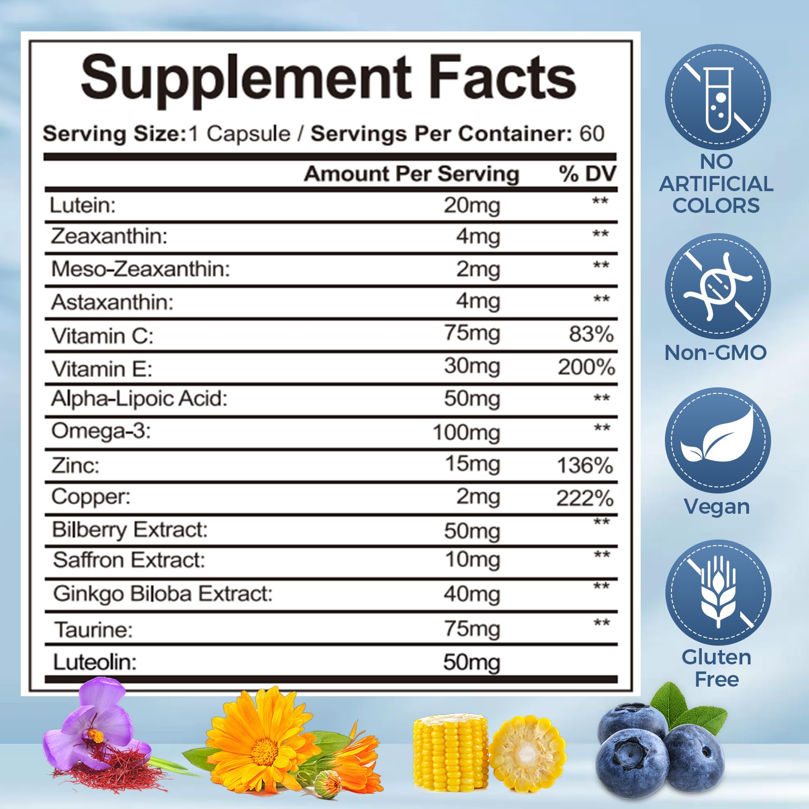 15 in 1 Advanced Eye Formula, Eye Vitamin and Mineral Supplement with Lutein, Zinc, Luteolin, Zeaxanthin & Bilberry Extract, 60 Count (1) — Amazon image 7