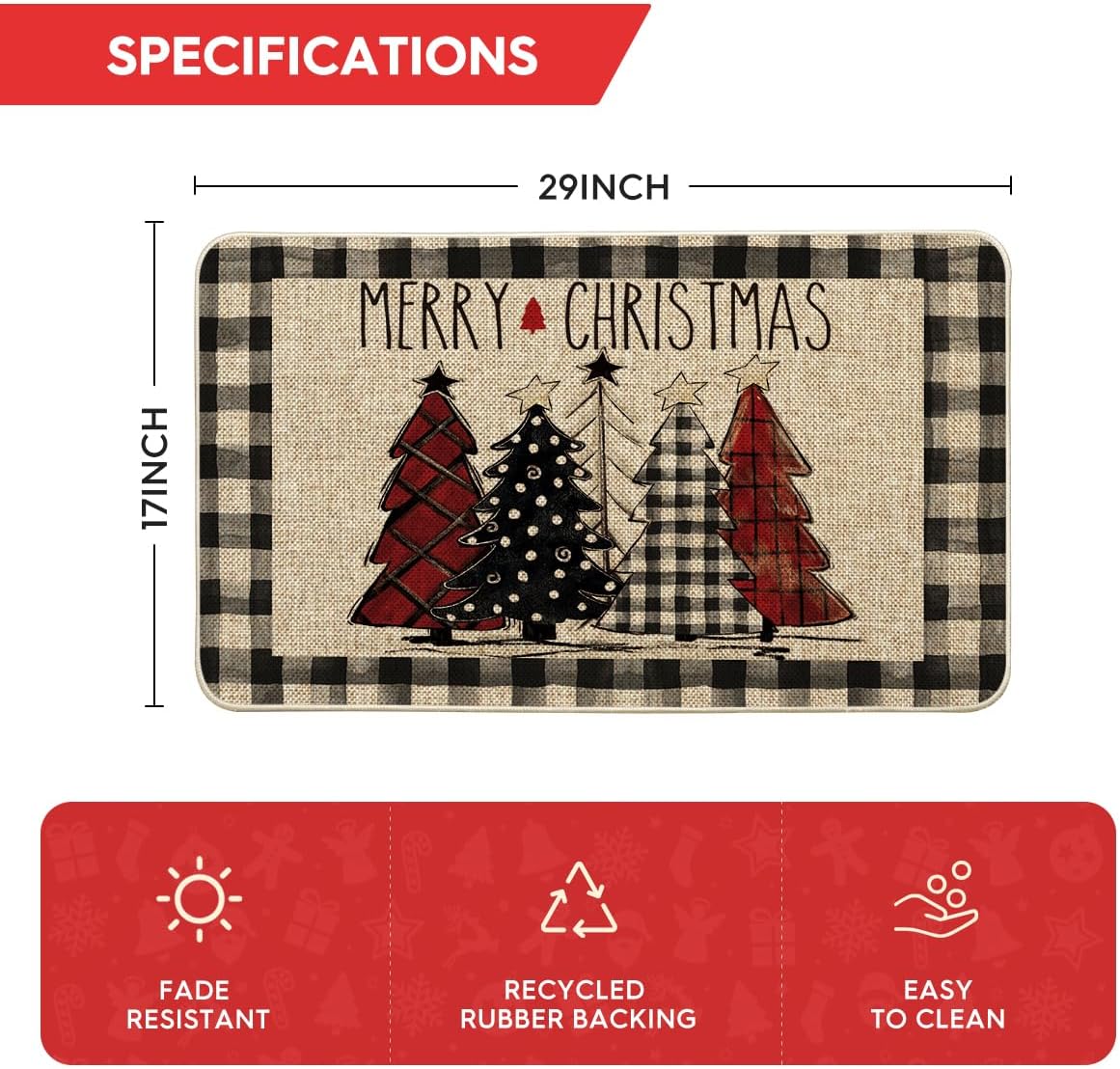 Artoid Mode Watercolor Buffalo Plaid Christmas Trees Welcome Decorative Doormat, Seasonal Winter Low-Profile Rug Switch Mat for Indoor Outdoor 17x29 Inch