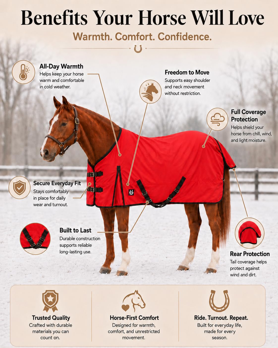 Manta de invierno Ripstop de 600 denier con relleno de poliéster de 250 g/m² (100% impermeable/transpirable/a prueba de nieve) – Manta de invierno pesada de caballo (rojo con ribete negro), tamaño 72