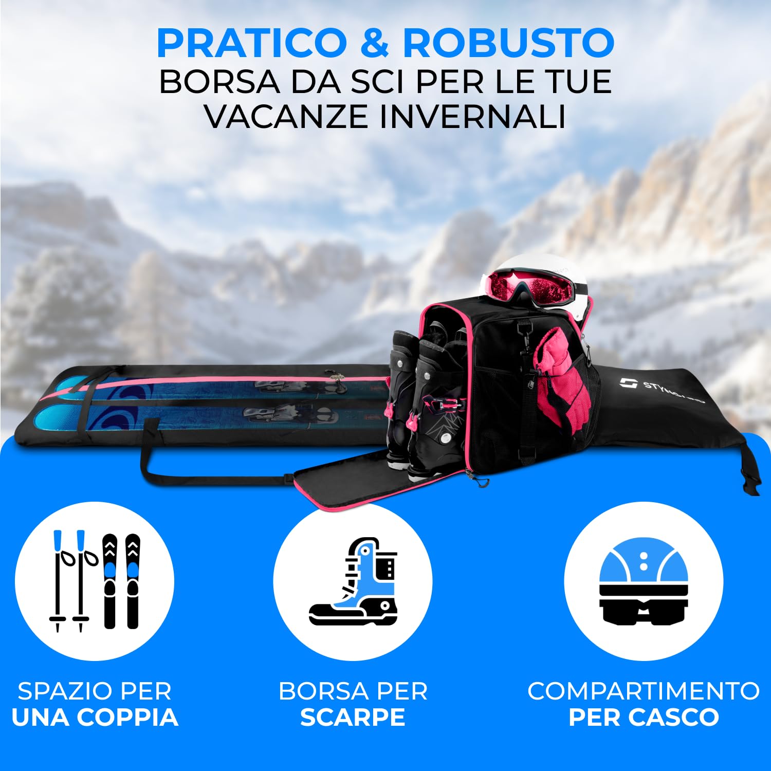 STYNGARD Set sacca sci e scarponi [da 140 cm a 200 cm] borsa porta sci e borsa porta scarponi con scomparto per casco [40 L] con griglia di aerazione Modello Vancouver
