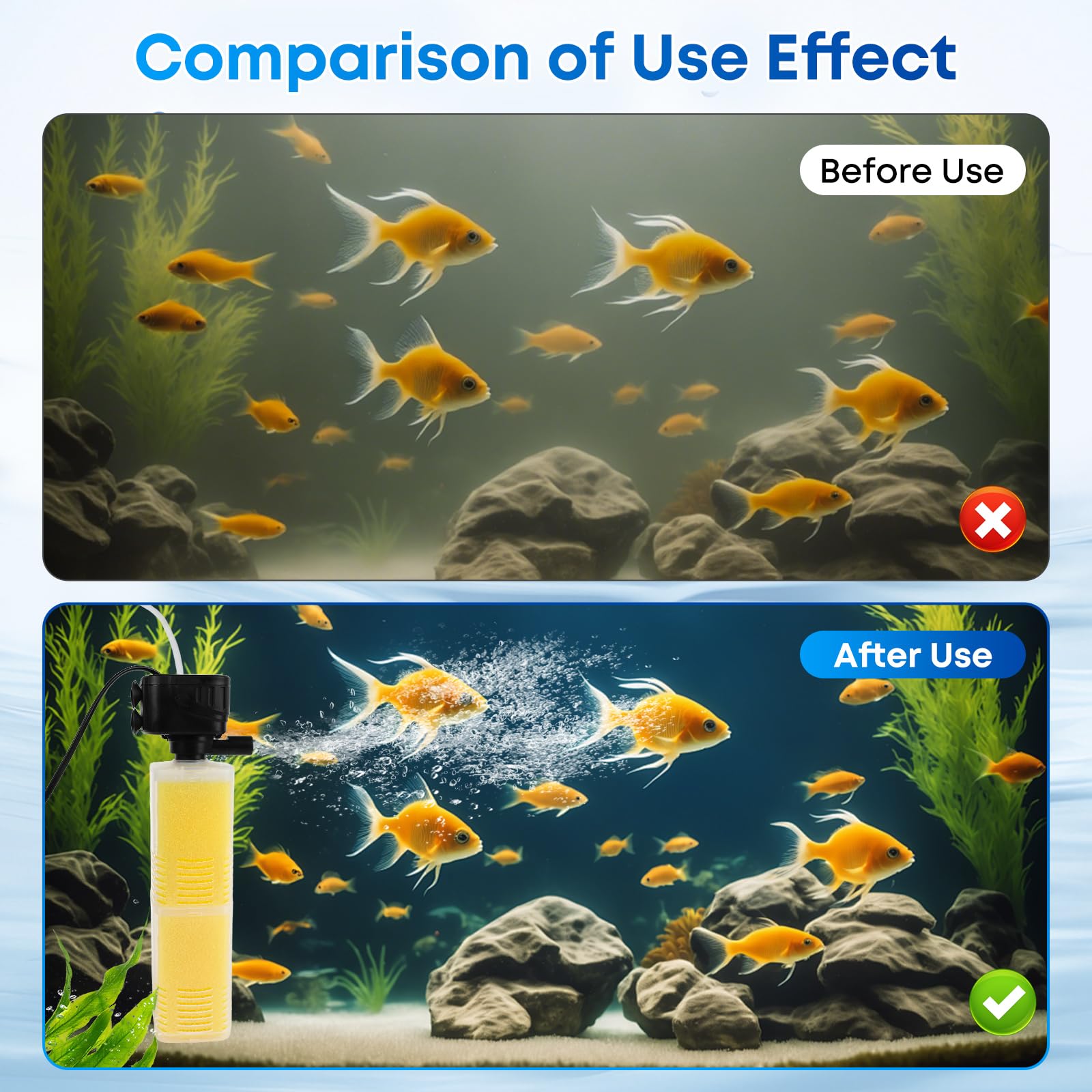 Filtre d'aquarium de 320 GPH pour aquarium de 40 à 500 litres, filtre interne submersible 4 en 1 avec filtration biochimique, pompe à eau puissante, alimentation en air et machine à vagues