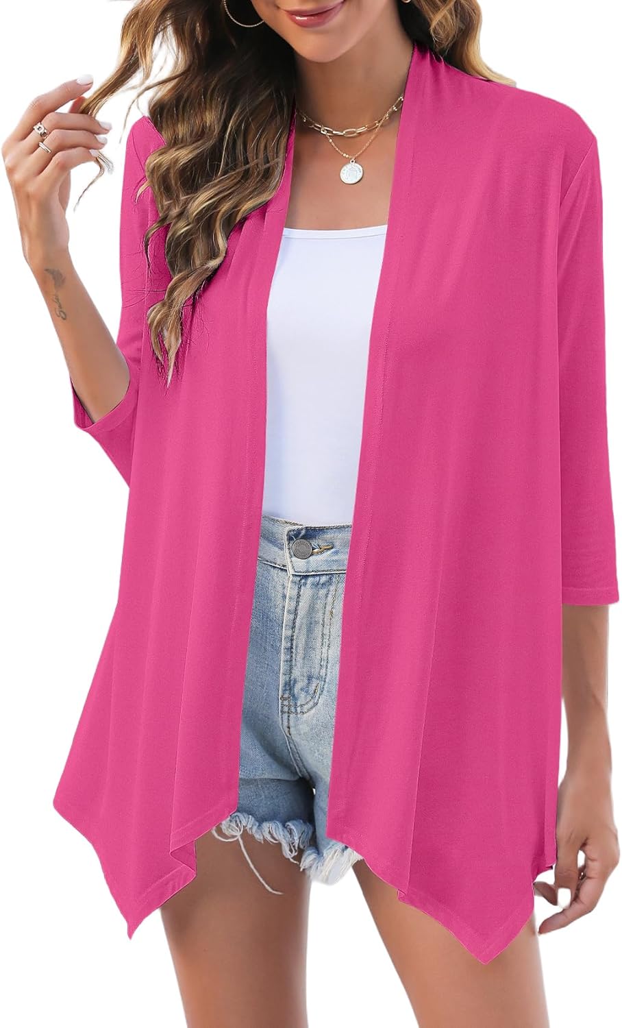 Uvog Women's 3/4 Sleeve Draped Open Front Cardigan Casual Loose Lightweight Cardigans