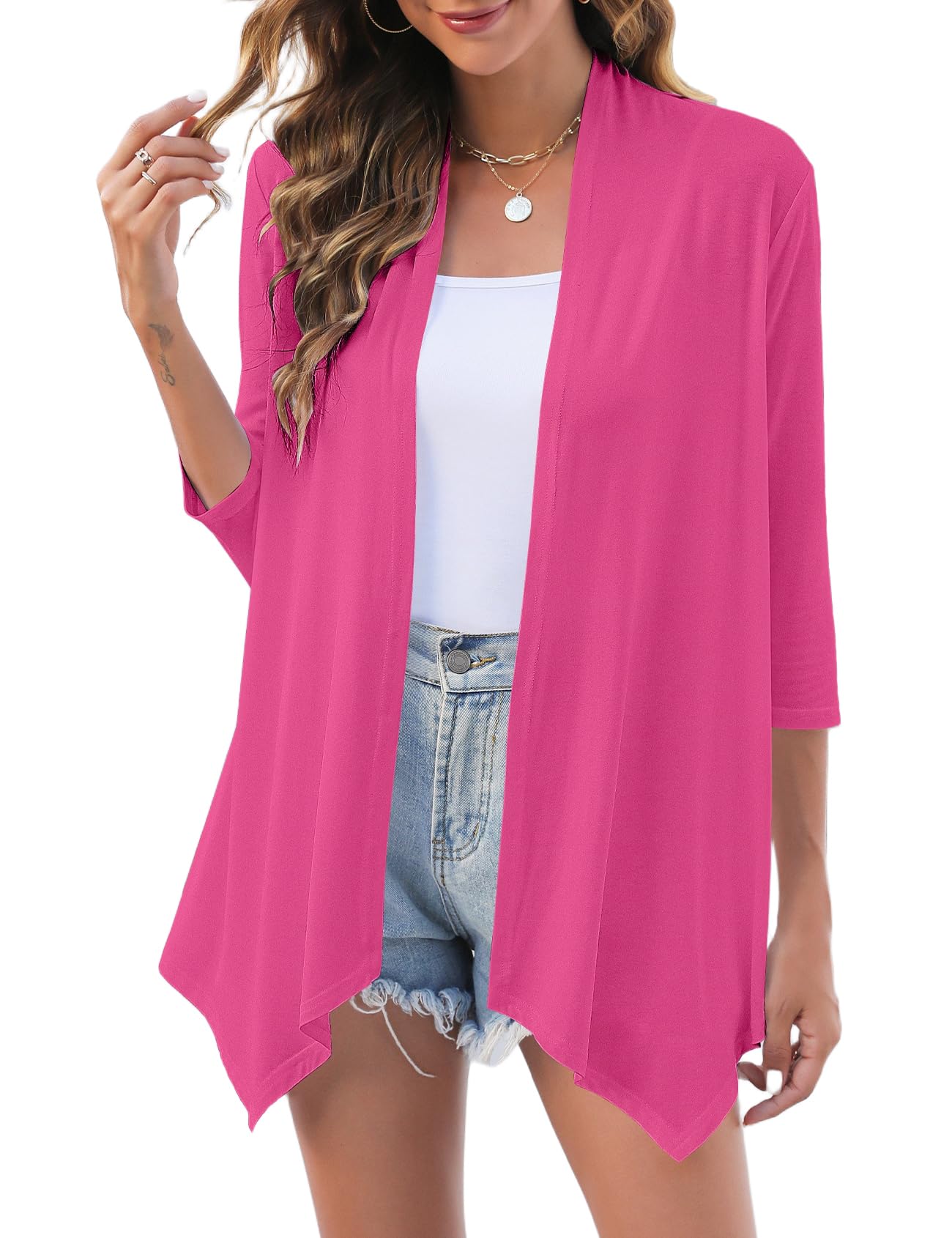 uvog Women's 3/4 Sleeve Draped Open Front Cardigan Casual Loose Lightweight Cardigans-picture-50