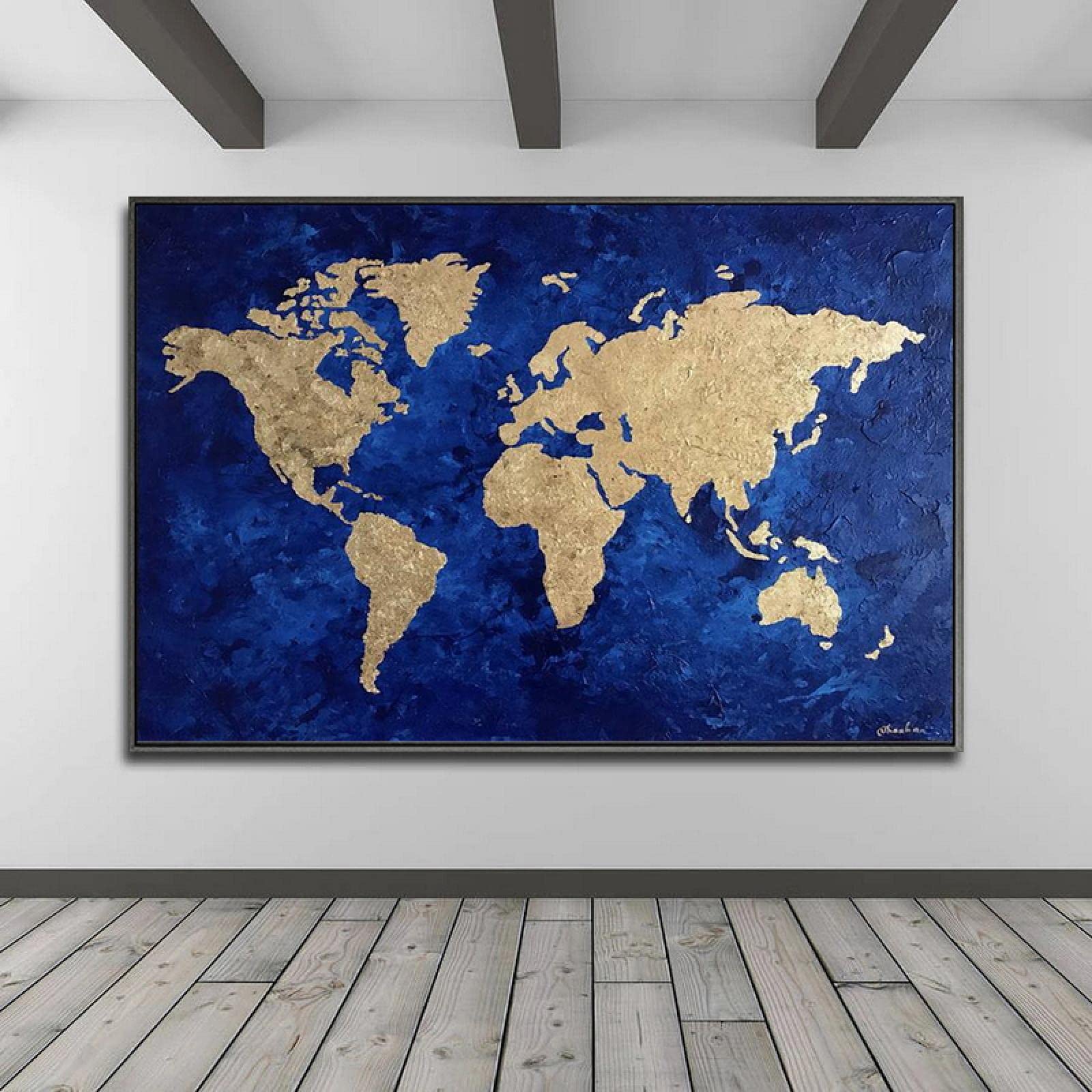 RVCKVS Abstrakt Blau Gold Weltkarte Gemälde Leinwanddruck Weltkarte Poster Wandkunst Bild Klassenzimmer Kinder Schule Büro Dekor 70x110cm Rahmenlos