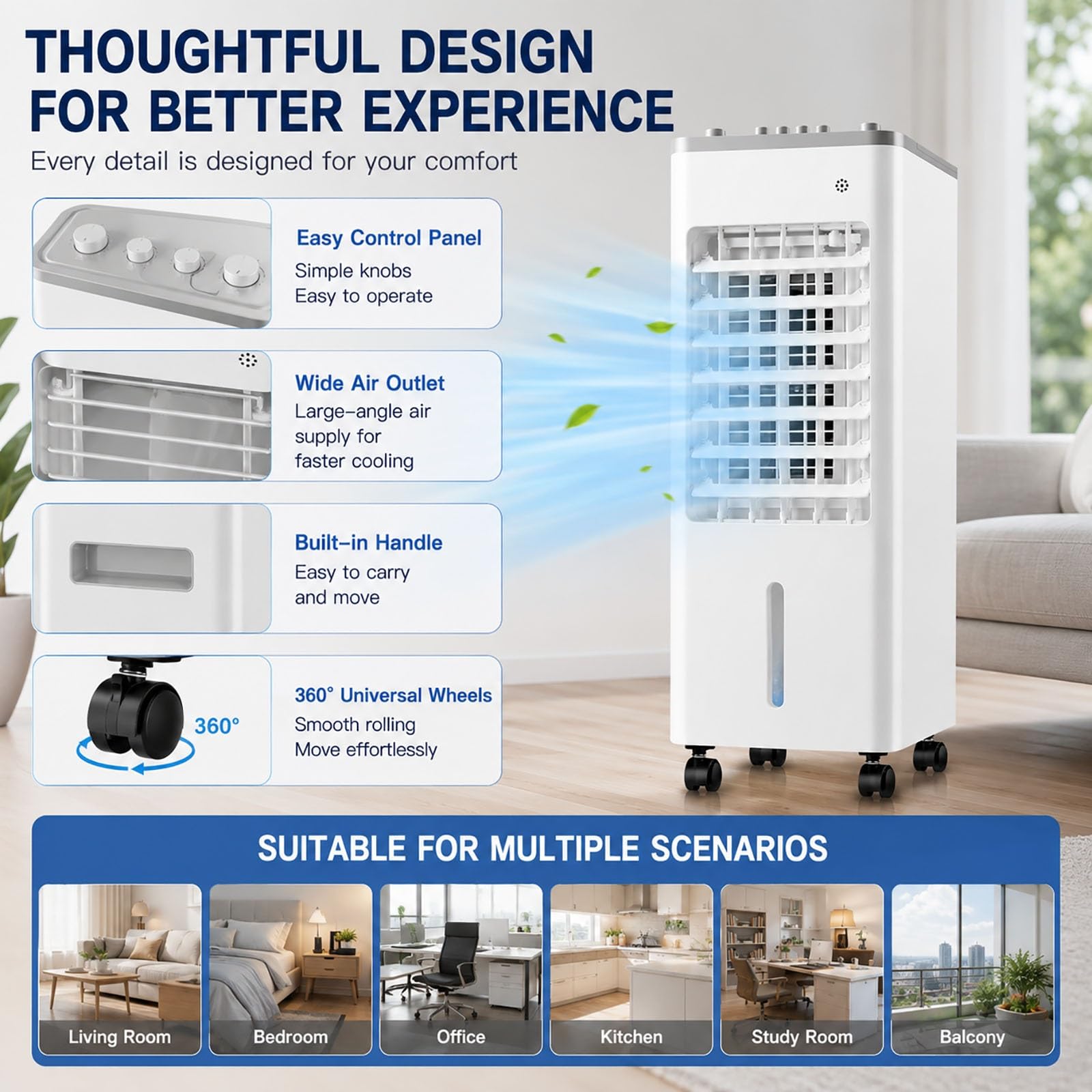 Climatizador Evaporativo 9L, Aire Acondicionado Portátil sin Tubo con Perillas Mecánicas, 90° Oscilación, 4 Acumuladores de Hielo para Hogar