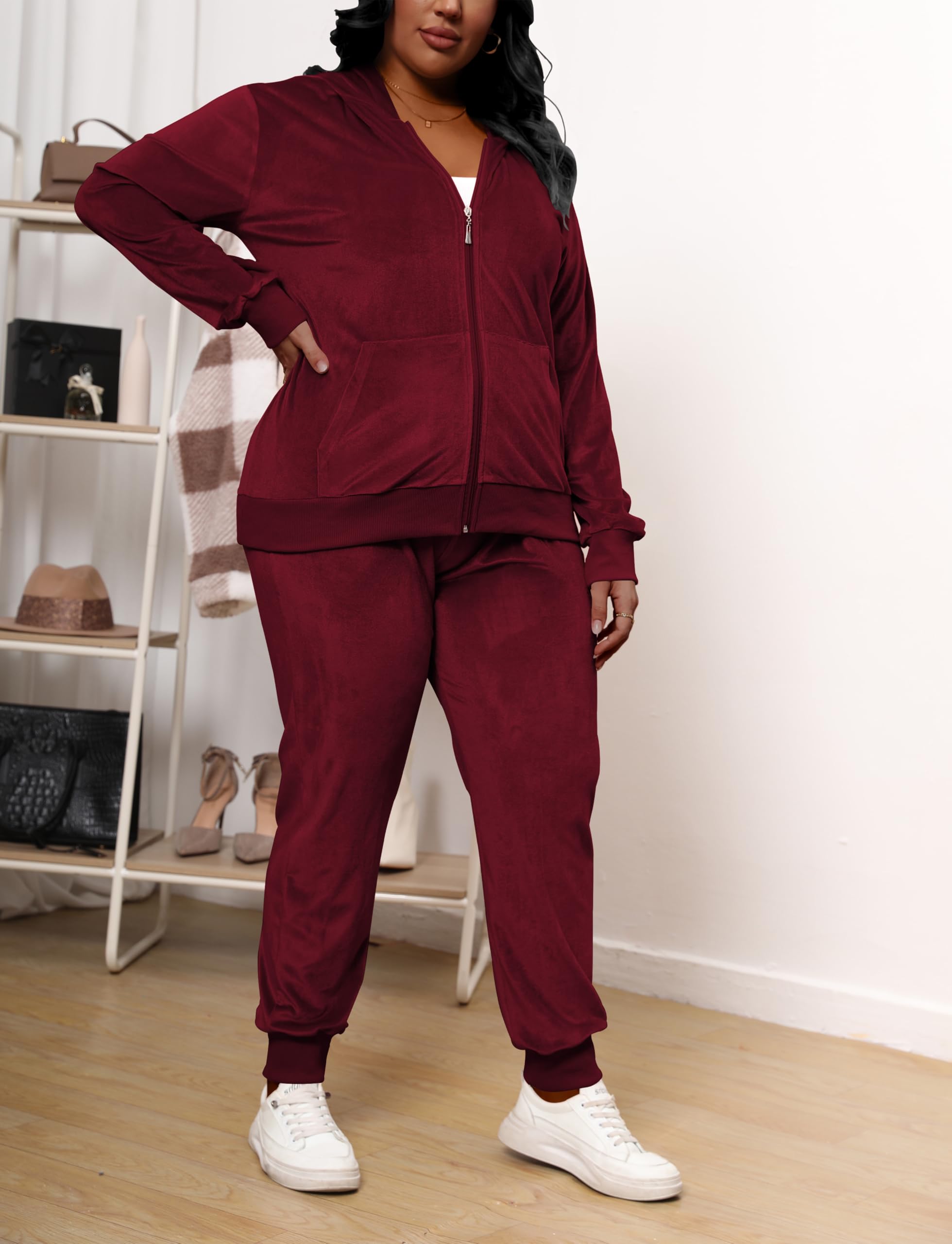 Tycorwd Conjunto deportivo de dos piezas de terciopelo para mujer, talla grande, conjunto de chándal de manga larga, Rojo vino, XXL Más