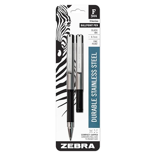 Zebra Pen F-301 Compact Retractable Ballpoint Pen, Stainless Steel Barrel, Fine Point, 0.7mm, Black Ink, 2-Pack