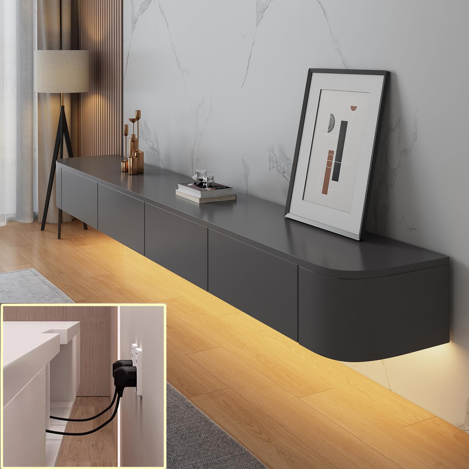 XDXINY TV Media Console Floating TV Cabinet Wall Mounted TV Cabinet Multi Large Storage TV Bench Under TV Lowboard with drawers Router Bracket (Grey+LED, 120 * 20 * 24CM)