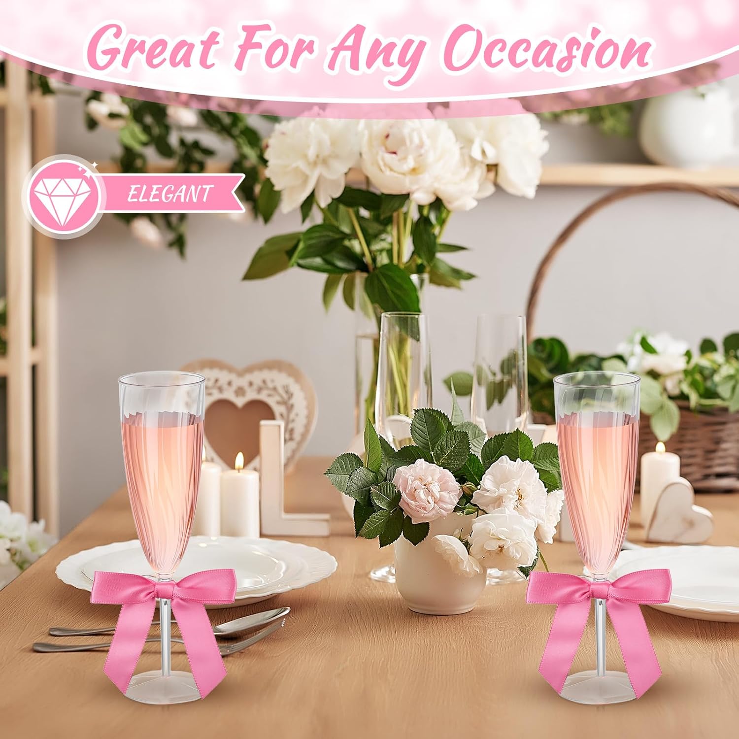 Zopeal 20 Pcs 6 oz Champagne Flutes Plastic Disposable Clear Wine Glasses Plastic Cocktail Glasses with 50 Pcs Bow Decoration 3.5 inches for Weddings Toasting Graduation Party(Pink Bow)