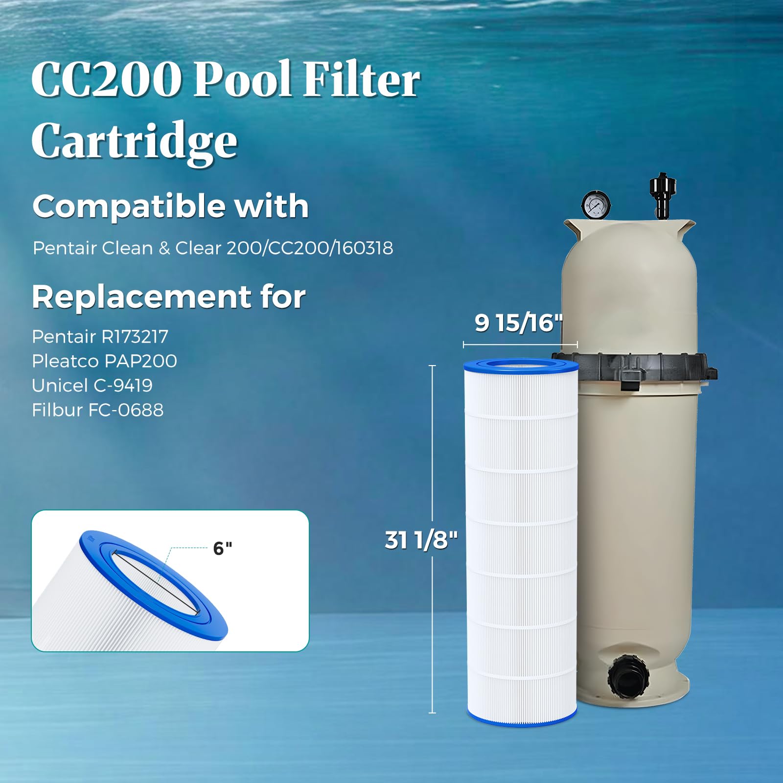 Cielvita CC200 Media Pool Filterkartusche Ersatz für Pentair Clean & Clear 200, CC200, Pleatco PAP200, Unicel C-9419, für R173217, für FC-0688, NSF/ANSI 50 zertifiziert, 200 m²