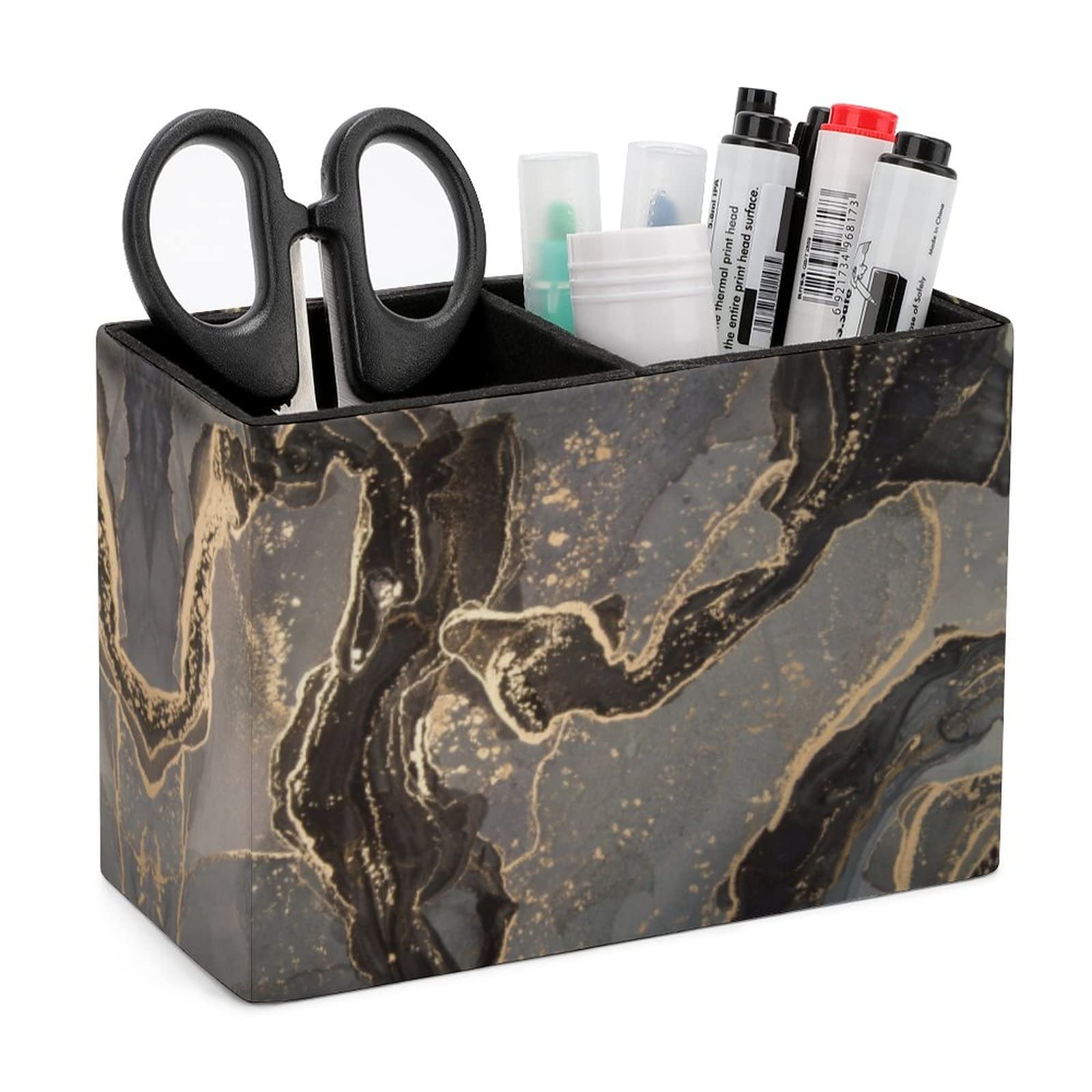 Niapessel Pencil Holder for Desk, Black Gold Marble Pen Holder Storage Desktop Pen Organizer Desk Pencil Organizer Makeup Brush Holder for Office School College Leather