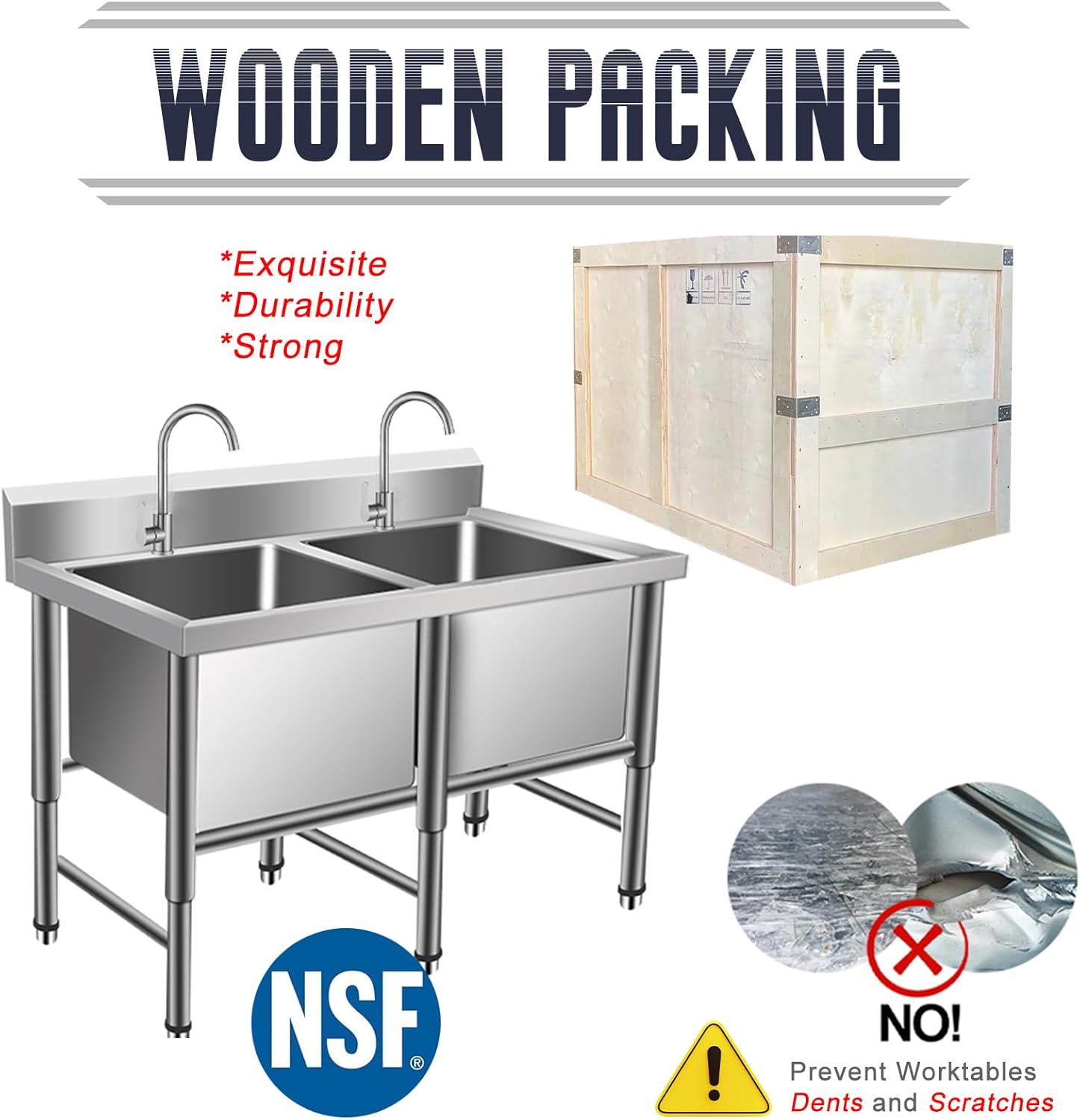 47" Commercial 304 Stainless Steel Sink 2 Compartment Free Standing Utility Laundry Sink for Home Garage, Restaurant, Kitchen, Laundry Room, Outdoor