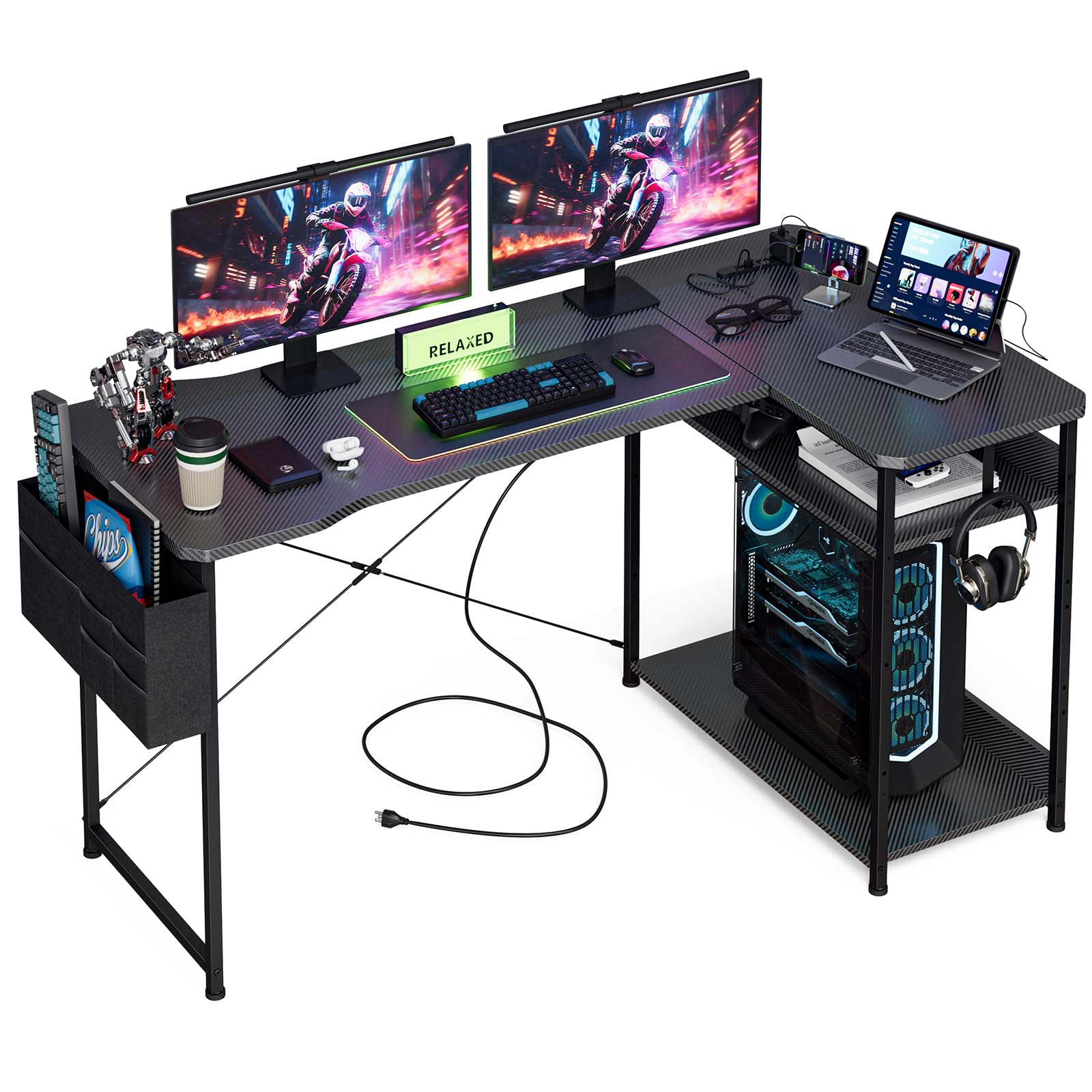 Acrolix ゲーミングデスク カーボン調 コンセント付き パソコンデスク L Amazon | Acrolix ゲーミングデスク カーボン調 コンセント付き