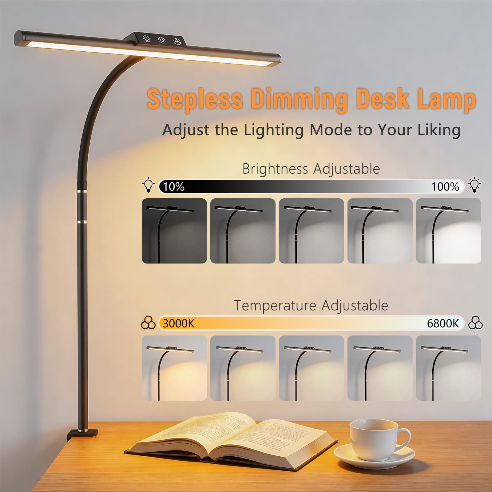 LED Desk Lamp for Home Office, Flexible Gooseneck Desk Lamp with Clamp, 5 Color Touch Control Stepless Dimming Adjustable Eye-Caring Desk Light with Adapter for Reading, Drafting, Study, Workbench - 3