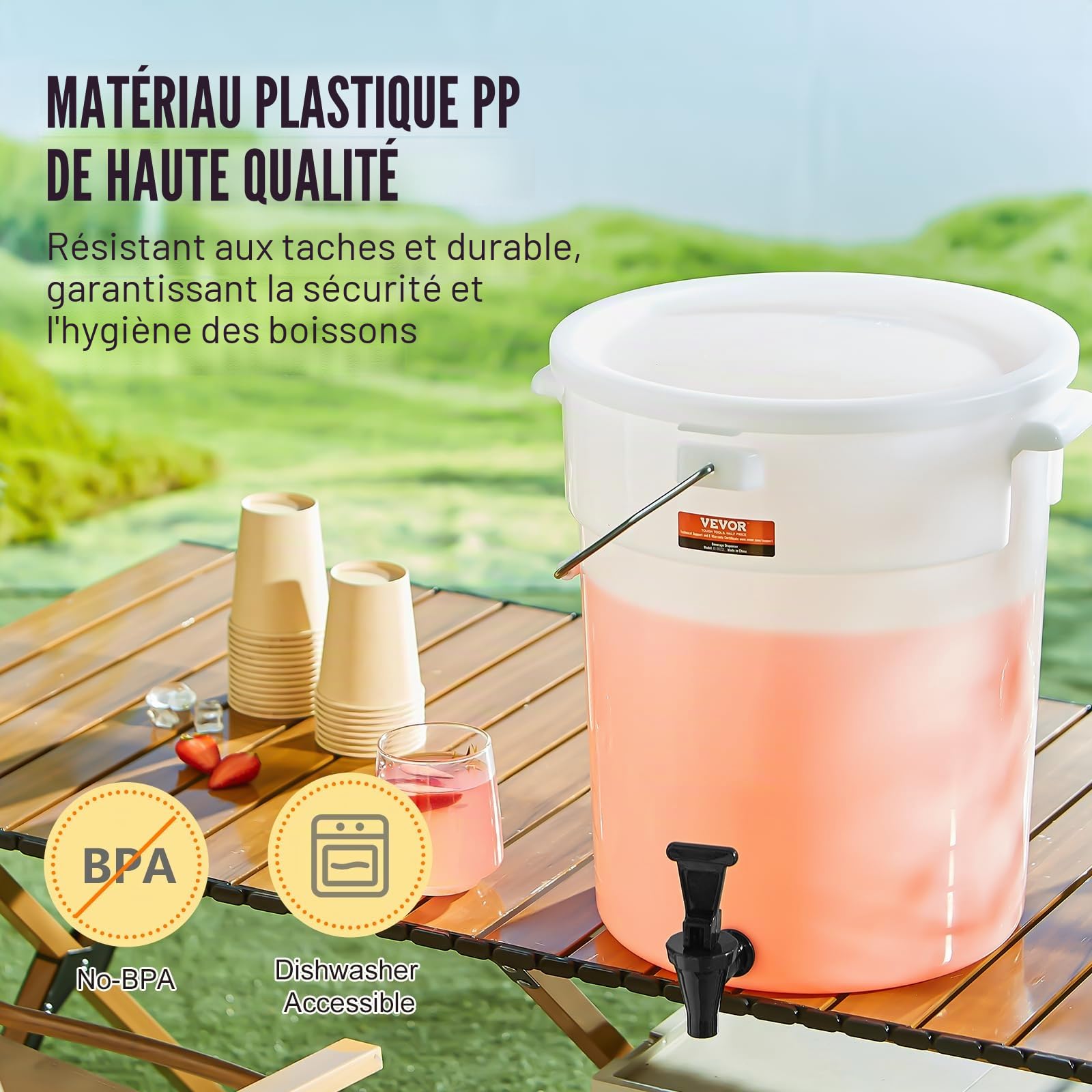 VEVOR Distributeur de Boissons Grande Capacité de 19 L, Fontaine à Eau avec Robinet et Couvercle, en Plastique, Distribution de Jus Limonade Thé Glacé, pour Restaurants, Hôtels, Cafés, Soirées