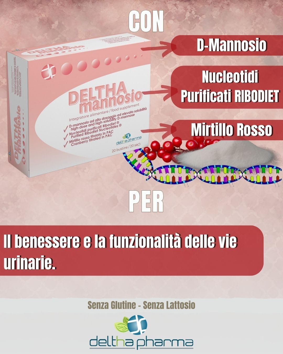 Deltha Mannosio Integratore Alimentare di D-mannosio Puro Ad Alto Dosaggio 1000 Mg, Nucleotidi e Mirtillo Rosso (cranberry) - 20 Bst, color Bianco, 656 ml