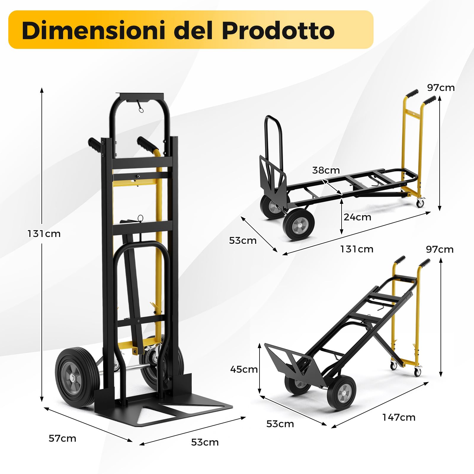 COSTWAY 3 in 1 Carrello a Mano, Carrello Portapacchi con 4 Ruote in Gomma, Carrello Pieghevole per Trasporto e Spostamento in Magazzino, Casa, Portata Massima 450 kg (Nero)