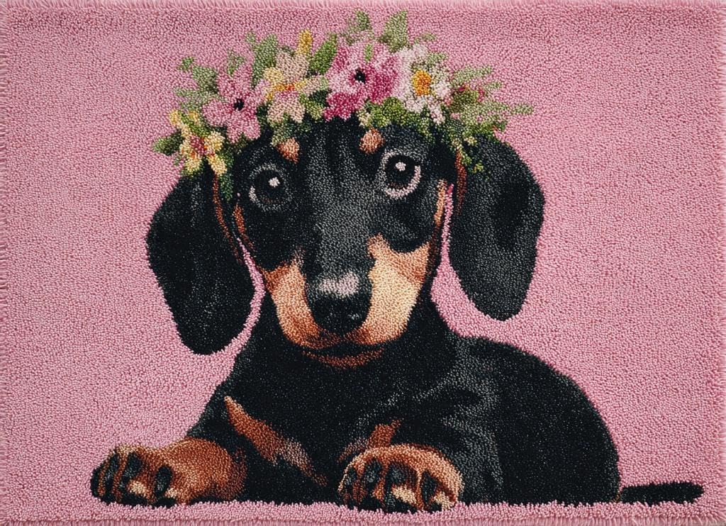 Latch Hook Rug Kit Black Dachshund Dog Wear Wreath Tapestry 52x38cm-2