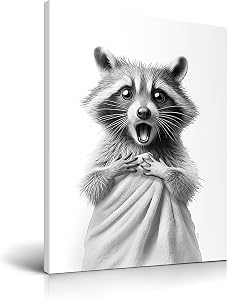 HesenDot 30x40cm Raccoon Wrapped in Towel Funny Framed Bathroom Wall Art | Wrapped Canvas Wood Frame, Black and White Raccoon Poster Print, Humorous Kid Room Restroom Toilet Nursery Home Wall Décor