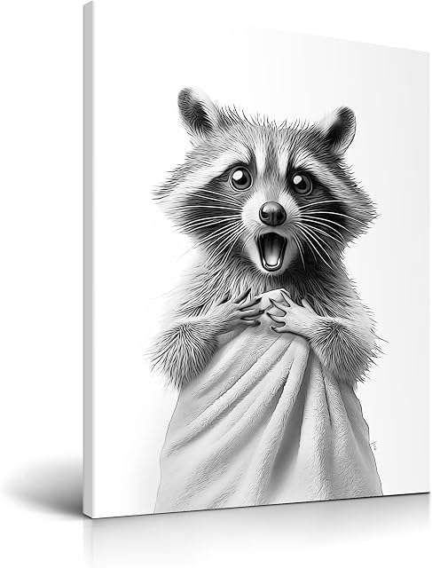 HesenDot 30x40cm Raccoon Wrapped in Towel Funny Framed Bathroom Wall Art | Wrapped Canvas Wood Frame, Black and White Raccoon Poster Print, Humorous Kid Room Restroom Toilet Nursery Home Wall Décor