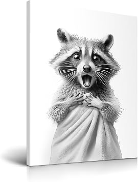 HesenDot 12x16in Raccoon Wrapped in Towel Funny Framed Bathroom Wall Art | Wrapped Canvas Wood Frame, Black and White Raccoon Poster Print, Humorous Kid Room Restroom Toilet Nursery Home Wall Decor