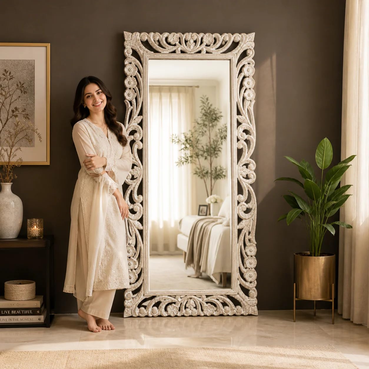 Wooden Twist Antique Traditional Floral Design Mango Wood Hand Carved Decorative Wall Standing Frame (Without Mirror)-image-24