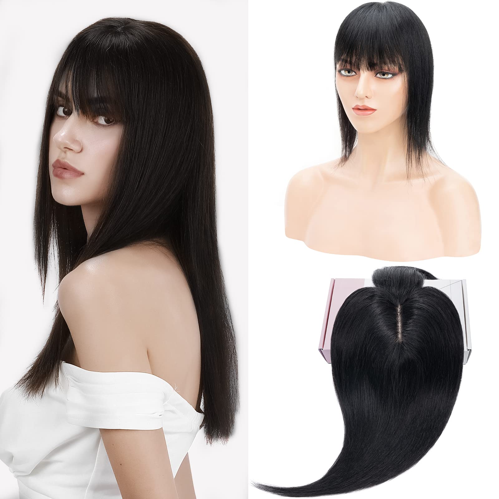 S-noilite Hair Toppers for Thinning Hair Women 130% Density Hair Topper With Bang Real Human Hair Clip In Hair Extensions 30g(#1 Jet Black