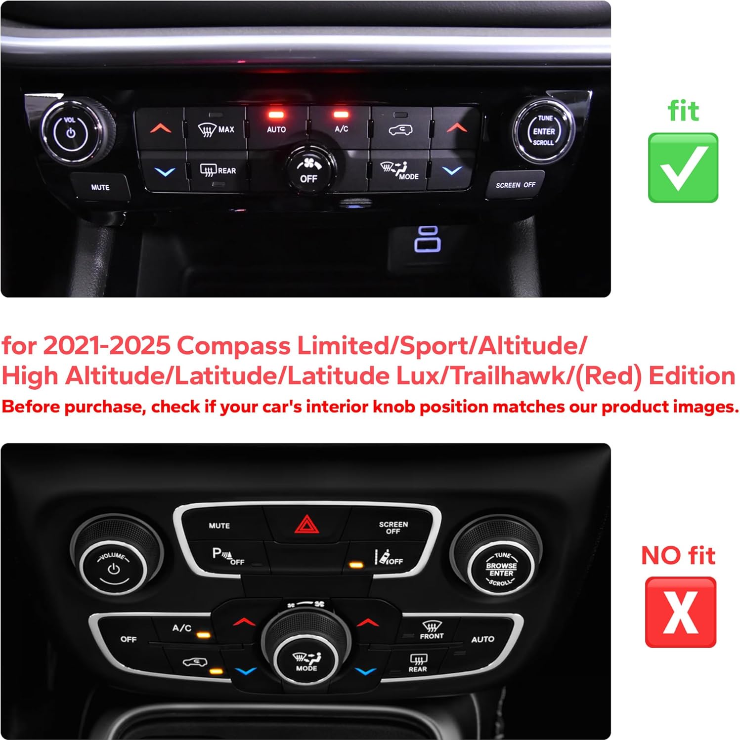 Polodunn for Jeep Compass Accessories 2022 2023 2024 2025 2026, Interior Upgrade Aluminum Alloy Knob Cover Kit (Red, 6-Piece/Set) - A/C, Volume Dial, Headlight Switch & Push Start Button