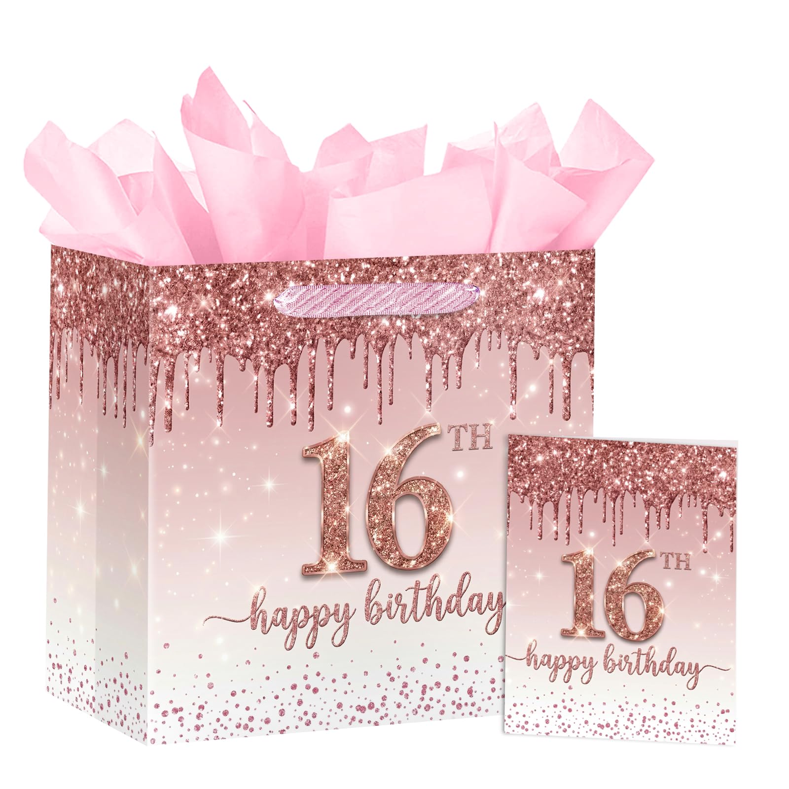 Loveinside 10" Sweet 16 Birthday Gift Bag for Girls, Rose Gold Glitter 16 Design, Pink Luxury Gift Bag with Tissue Paper and Card, Ideal for Teen Sweet 16 Party, 10" x 5" x 10", 1 Pack โ image 1