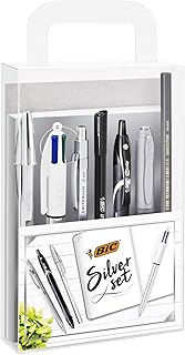 BIC Silver Set Scrittura, 1 Agenda, 2 Penne a Sfera, 1 Penna Gel, 1 Matita in Grafite HB, 1 Fineliner Intensity, 1 Pennarello Indelebile, 1 Portamine, Kit Cancelleria Scuola e Ufficio, Idea Regalo