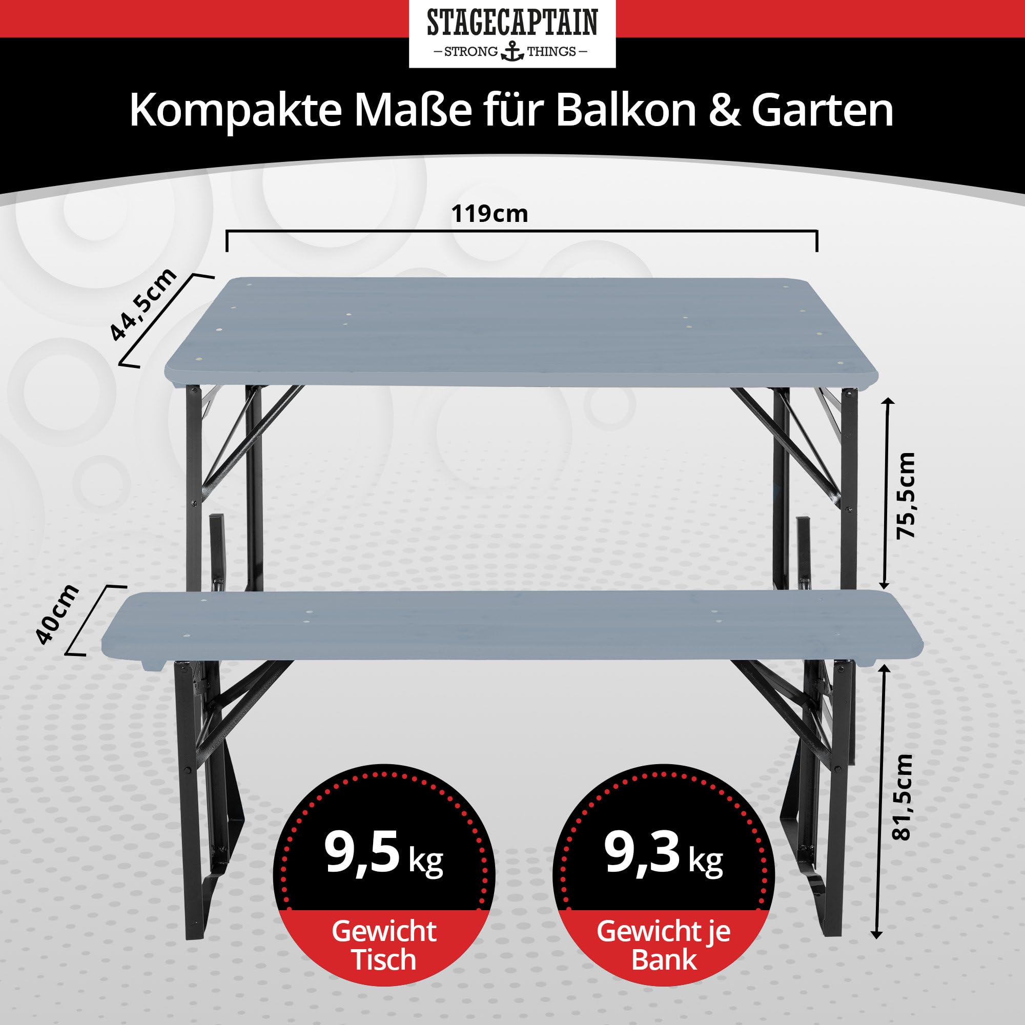 Stagecaptain BBDL-119 GY Hirschgarten Bierzeltgarnitur mit Lehne für Balkon 2X Set- Kurze Version mit 119 cm Länge - 2X Tisch, 4X Bank - Holz - klappbar - Natur