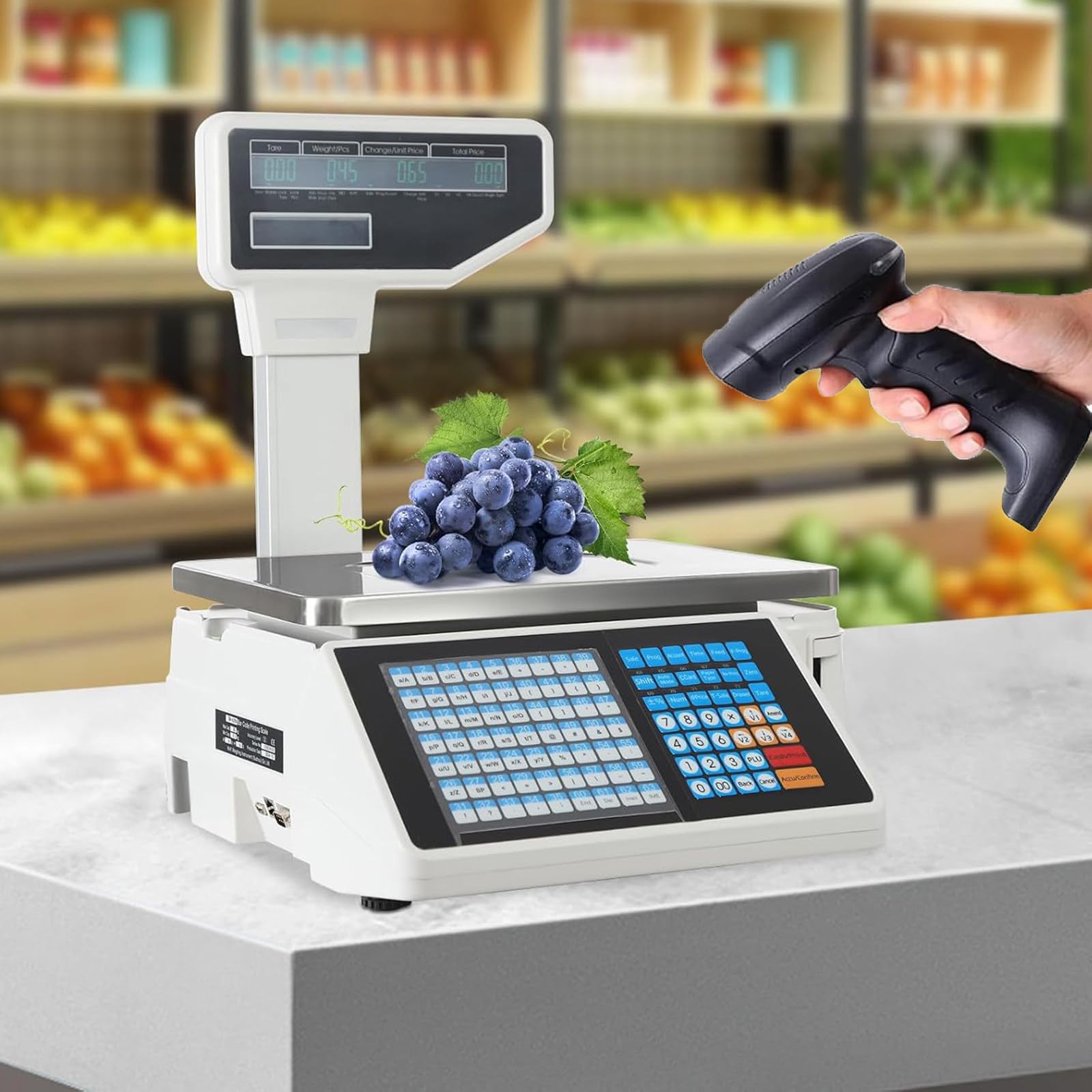 ylpddmm Label Printing Scale with Dual TD Thermal Label & Receipt Printer, Electronic Checkout Scale, Commercial Barcode Scale for Food Retail Store Supermarket machine+gun