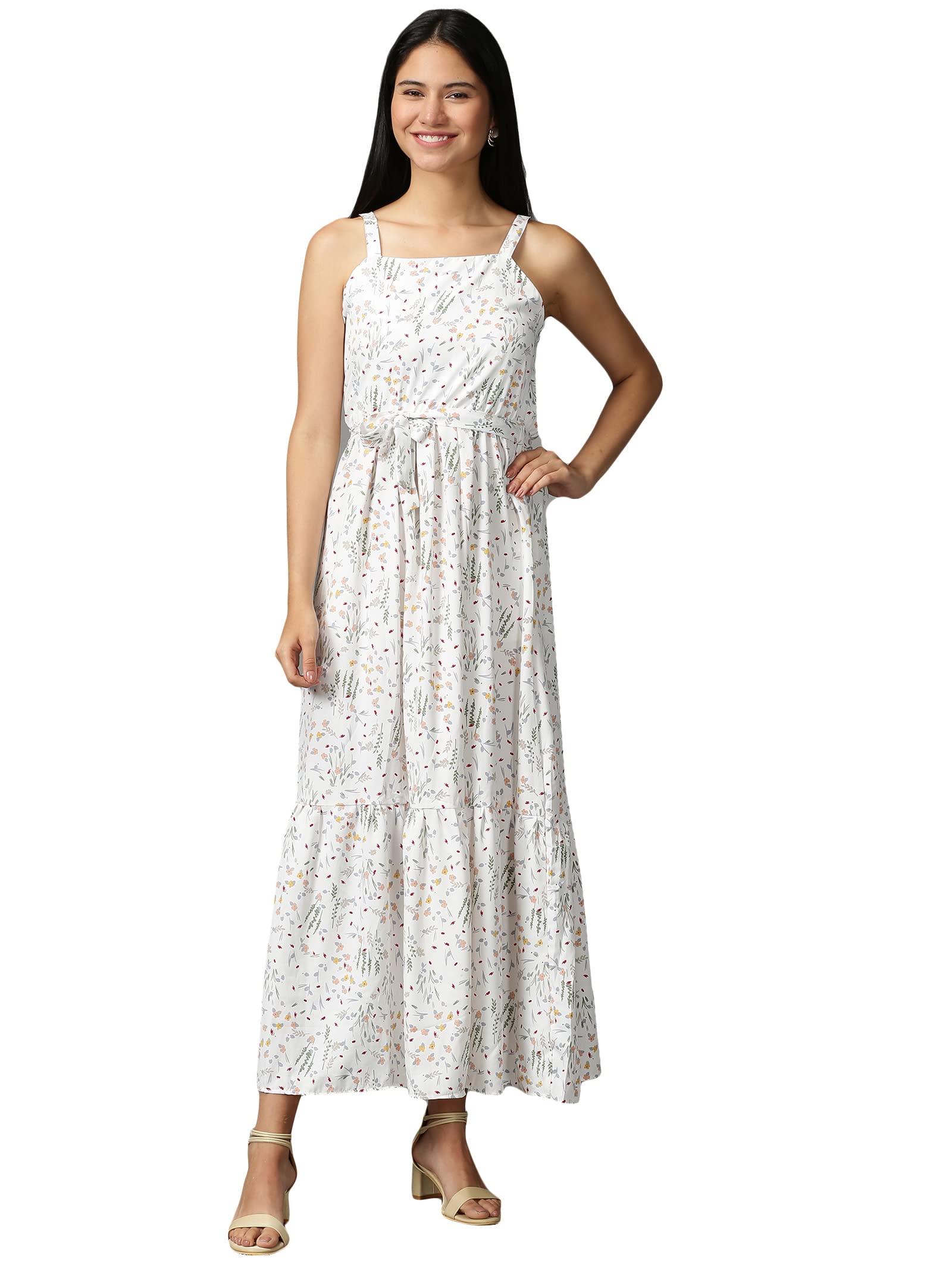 Women Floral Fit and Flare Casual Dress | Shoulder Straps Sleeveless Chiffon Dress for Womens | Maxi Dress for Women's-image-8