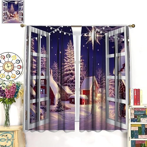 Miniatura 3 de Cortinas de Navidad, para ventana de invierno, nevado, campo, madera, impresas, vacaciones, vacaciones, dormitorio, sala de estar, cortinas