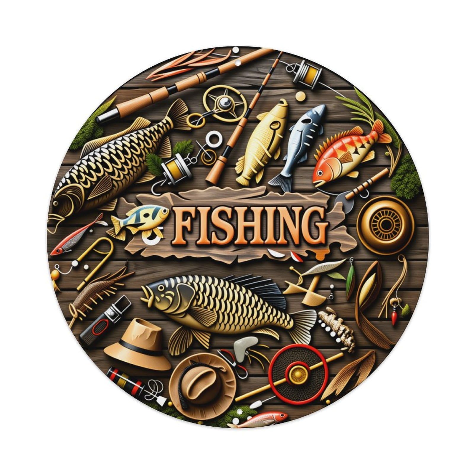 Fishing Gear And Fish Artwork Round Tin Sign Vintage Metal Poster Retro Bar, Home, Man Cave, Kitchen, Laundry Room Wall Art Decor Gift 8x8Inch