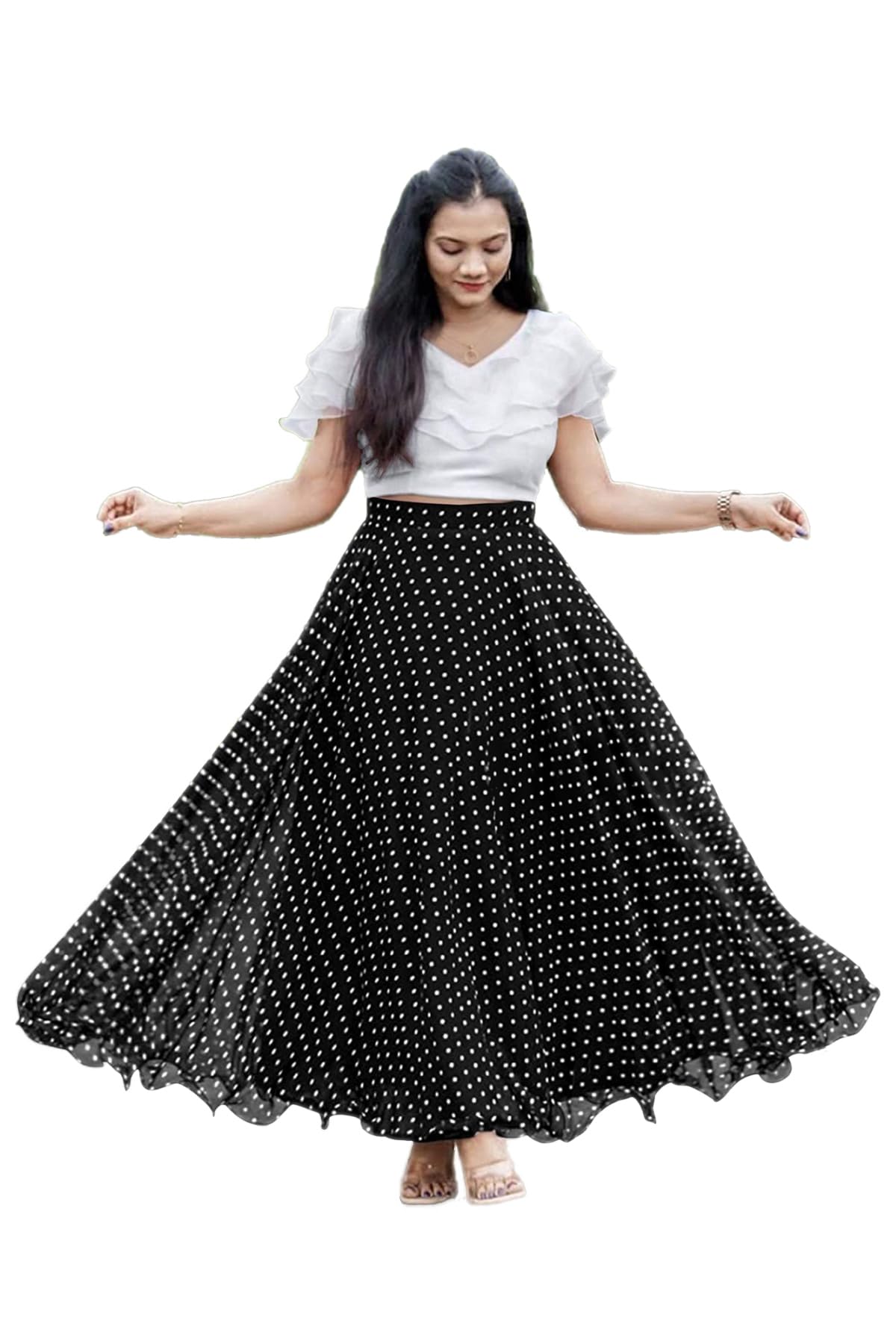 Women's Georgette Polka Dot Printed Lehenga || Spandex Lycra Plain Crop Top || Elegent Design || Stitched Lehenga Choli Set-image-35