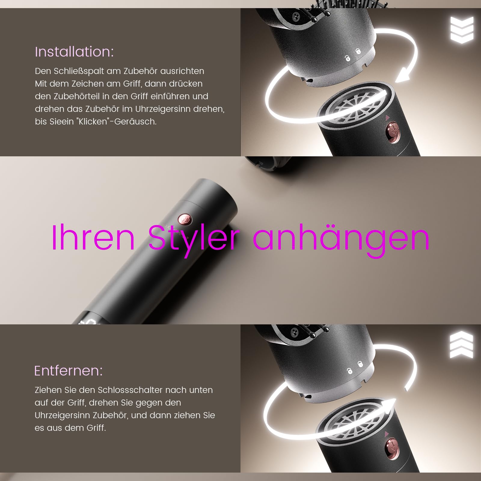 Hairstyler 6 In 1 Airstyler Haarstyler mit Rundbürstenföhn, Airflow Lockenstab Automatisch, Volumen Föhnbürste, Haartrockner, 110000RMP, 1400W Airwrap für Locken, Volumen, Glätten, Trocknen, Rose Gold
