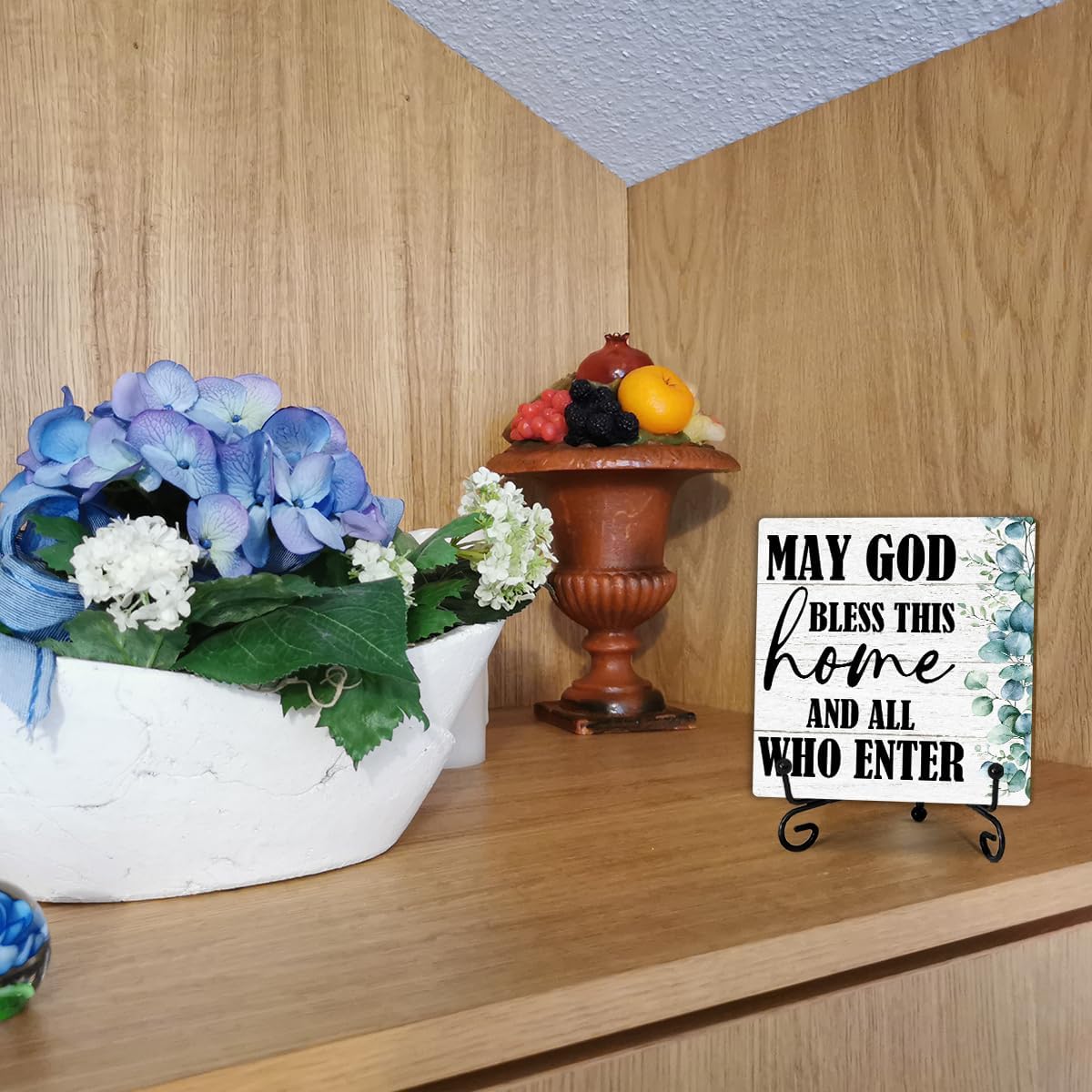 5’’ My God Bless This Home Wooden Plaque With 1 Metal Support - Housewarming Gifts House Blessing Wood Sign For Friends Family - Rustic Farmhouse Tabletop Decor For Home Desk Living Room Shelf-A08 - Image 5